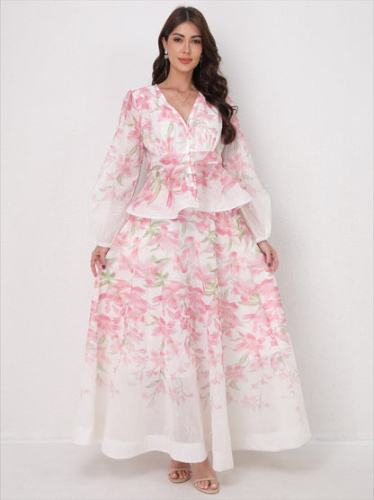 V-Neck Beaded Ruffle Top Midi Skirt Set