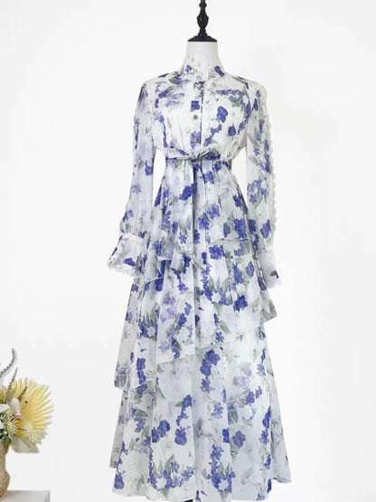 Lace Patchwork Flower Print Cinching Mid Length Dress