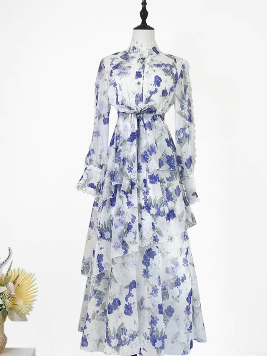 Lace Patchwork Flower Print Cinching Mid Length Dress