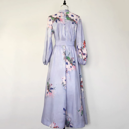Printed V-neck Blue Long Dress