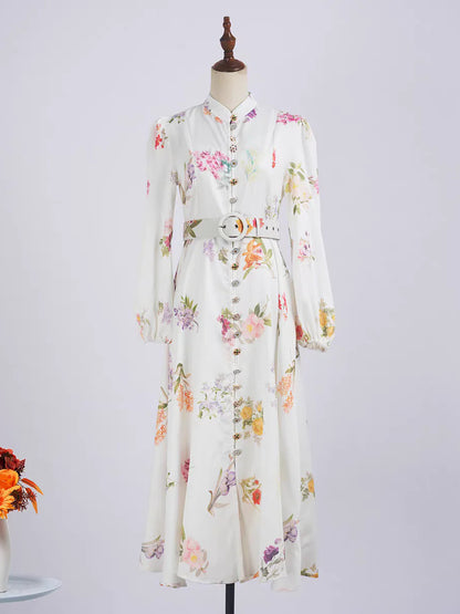 Long Sleeved Printed Cotton Linen Dress