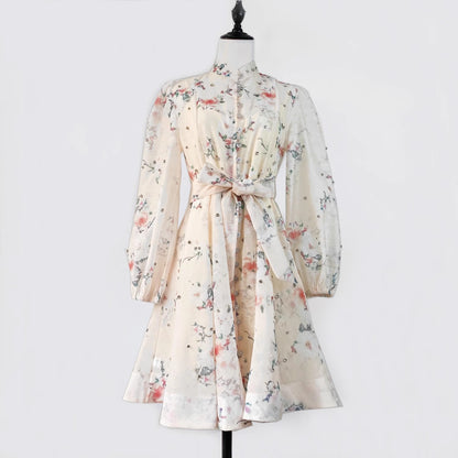 Lantern Sleeve Retro Flower Print Short Dress