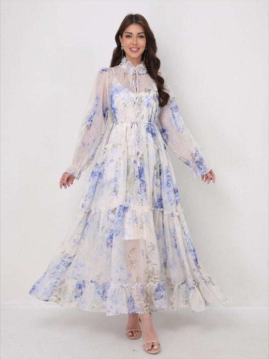 Tie-Waist Long Sleeve Flowy Maxi Dress