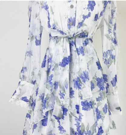 Lace Patchwork Flower Print Cinching Mid Length Dress