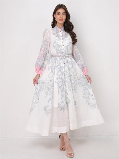Vintage Printed Lantern Long Sleeves Elegant Dress
