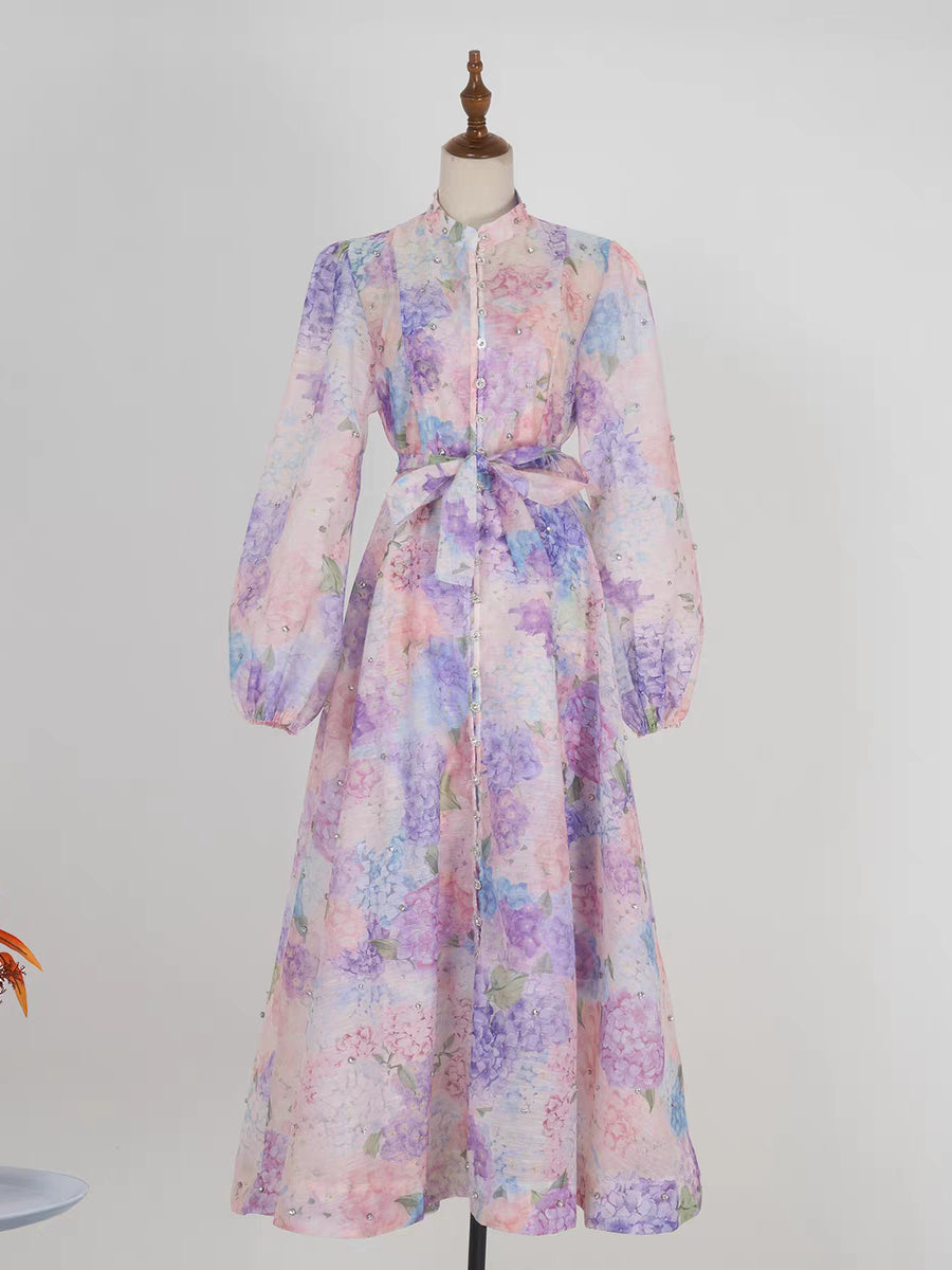 Purple Print Long Sleeve Dress