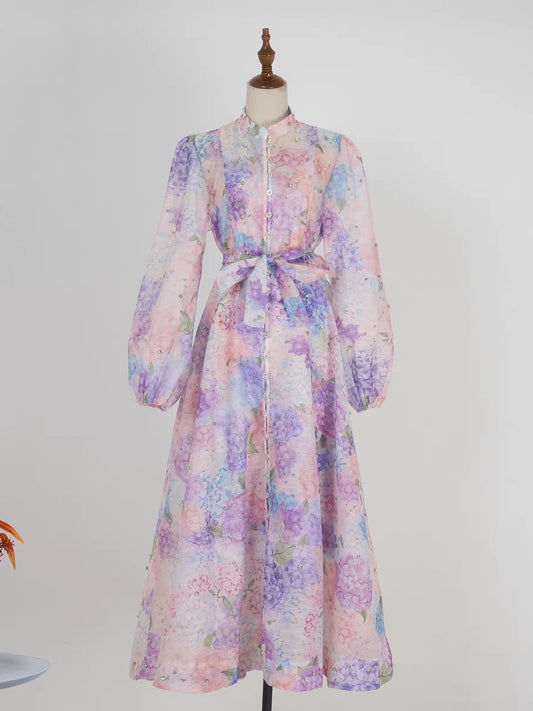 Purple Print Long Sleeve Dress