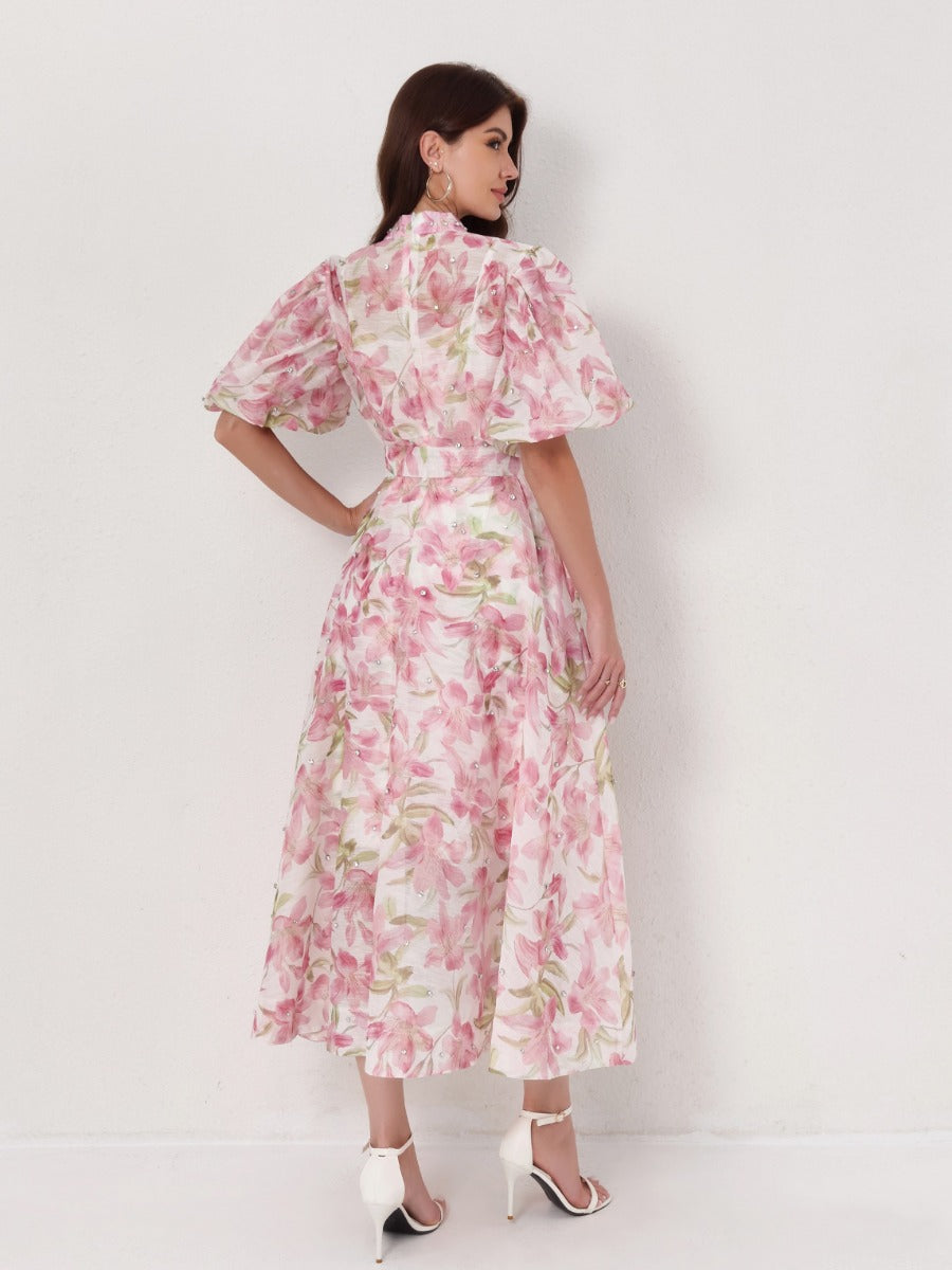 Beaded Short Sleeve Single-Breasted Dresses