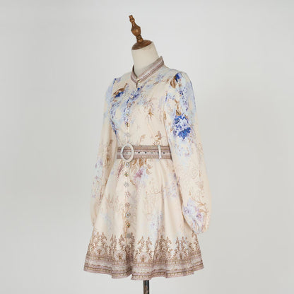 Printed Long Sleeved Cotton Short Dress