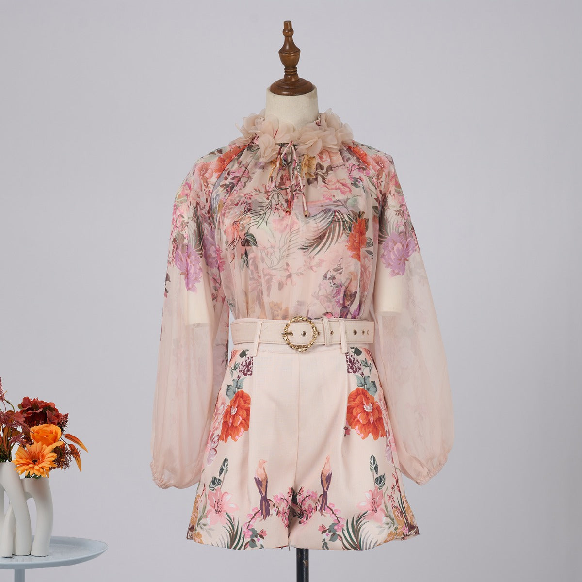 Chiffon Flower Blouse + Shorts 2 Sets