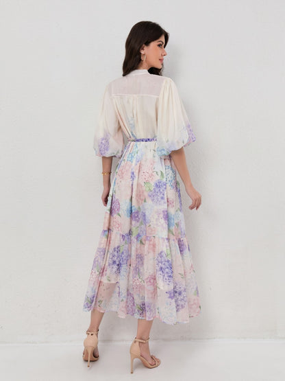 Slimming Puff Short Sleeve Print Dress