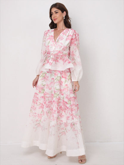 V-Neck Beaded Ruffle Top Midi Skirt Set