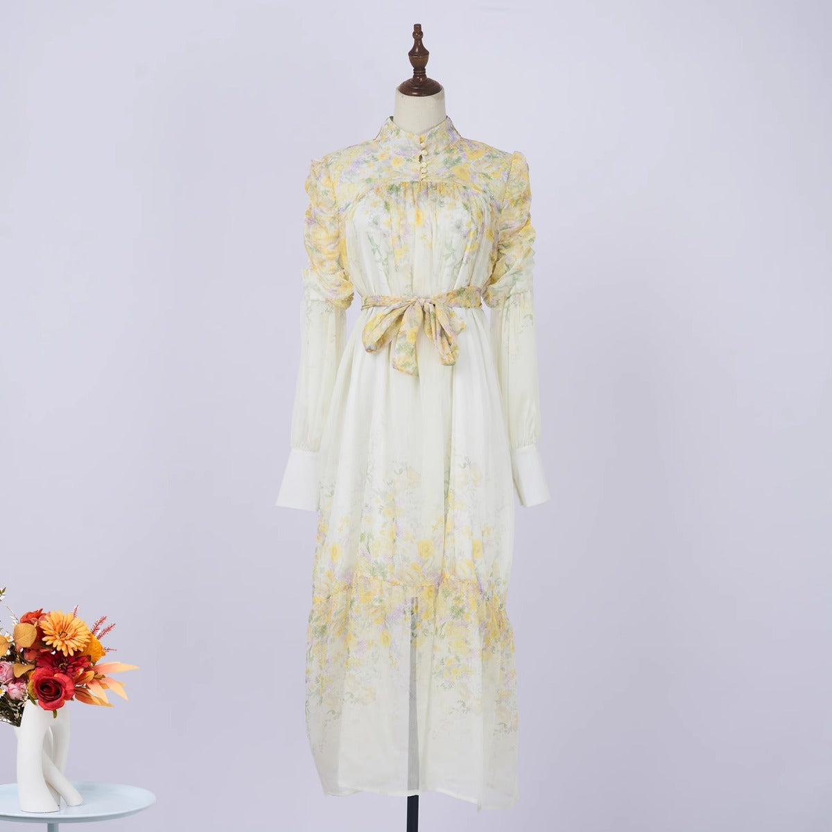 Long Sleeve Lace Up Chiffon Print Dress