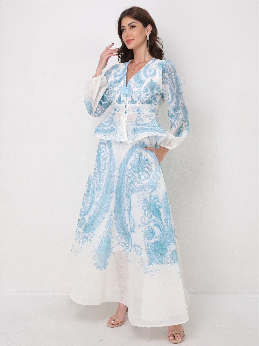V-Neck Beaded Ruffle Top Midi Skirt Set