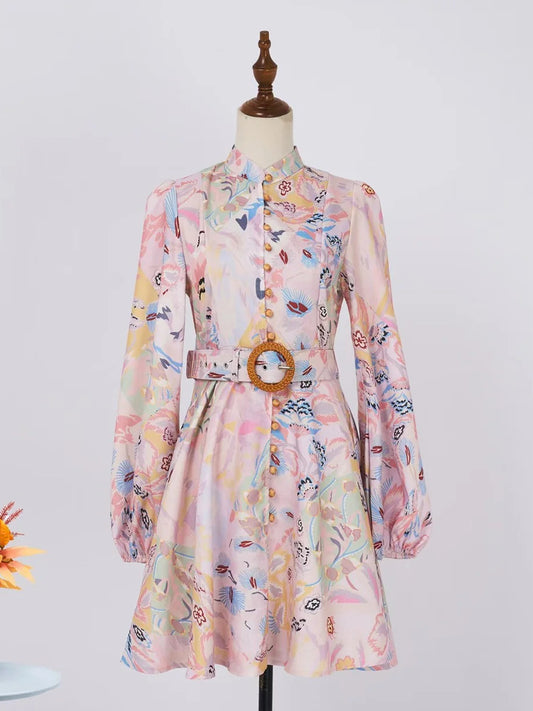 Stand Collar Lantern Sleeve Flower Print Short Dress