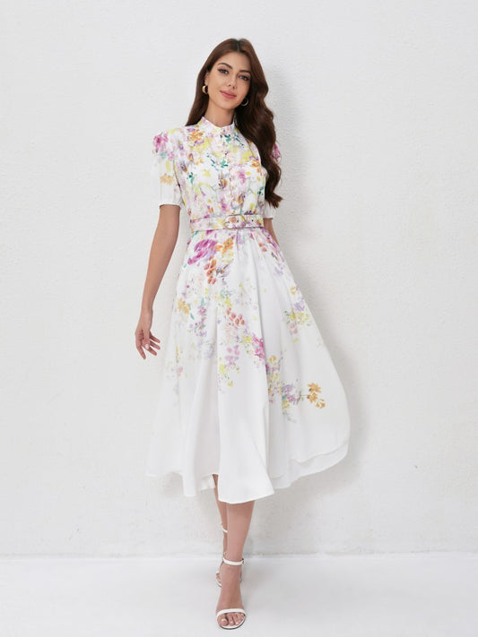 Stand Collar Lantern Sleeve Floral Prints Dresses