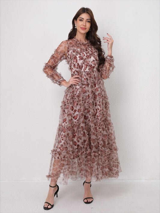 Romantic Tulle Print Ruffled Maxi Dress
