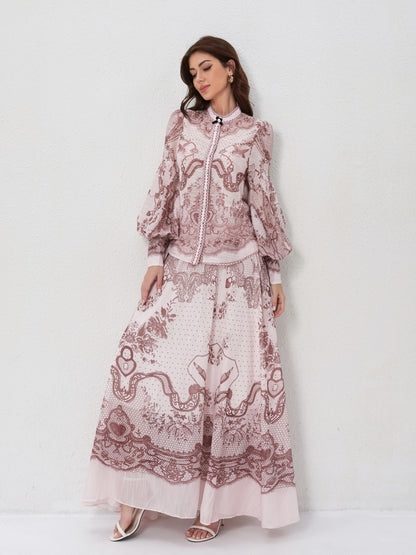 Set Stand Collar Button Top High Waist Vintage Floral Skirt