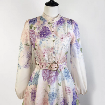 Stand Up Collar Lantern Sleeve Floral Print Dress