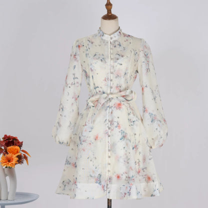 Flower Print Trend Bead Heavy Buttons Short Dress