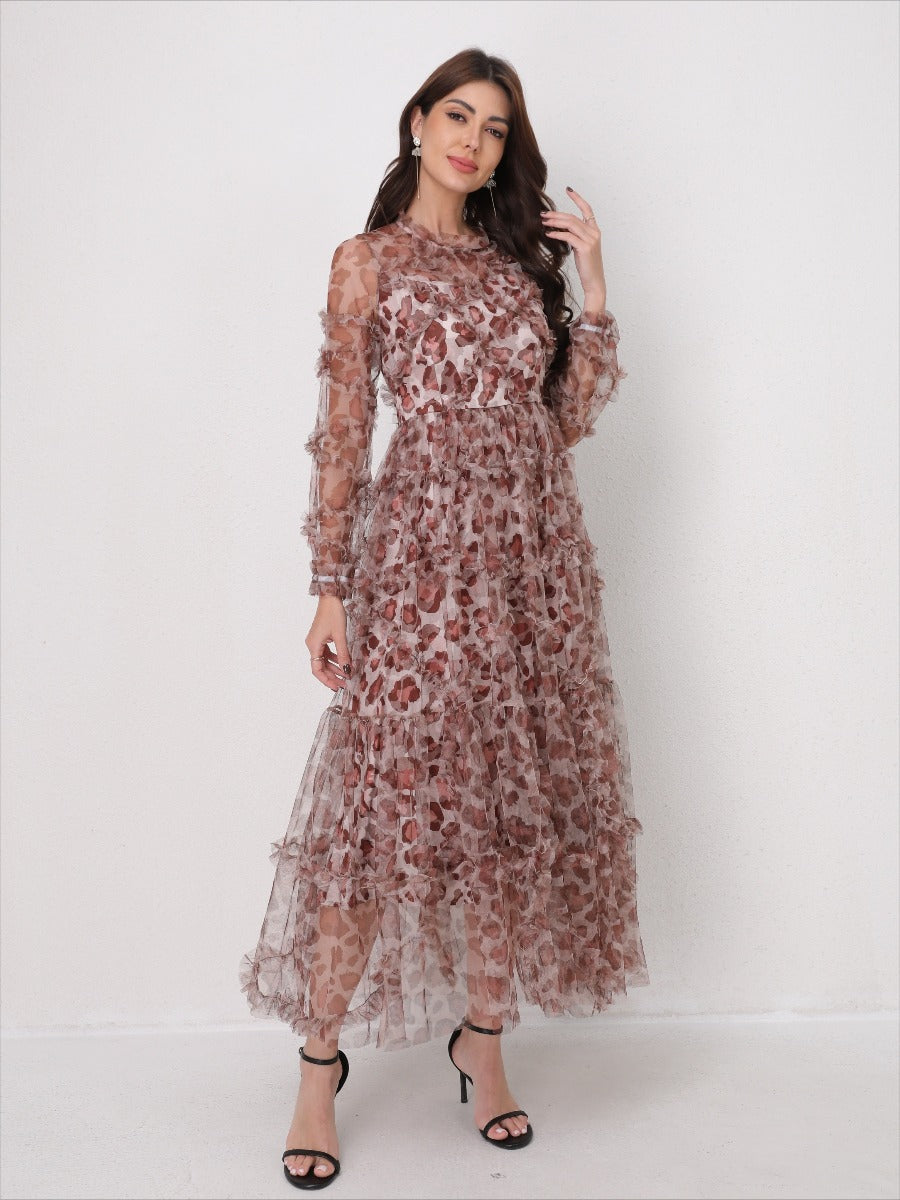 Romantic Tulle Print Ruffled Maxi Dress