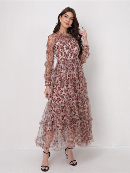 Romantic Tulle Print Ruffled Maxi Dress