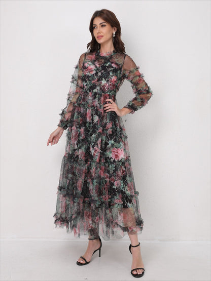 Romantic Tulle Print Ruffled Maxi Dress