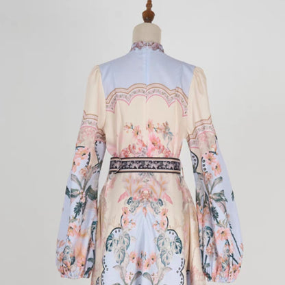 Print Beaded Flower Buttons Dress