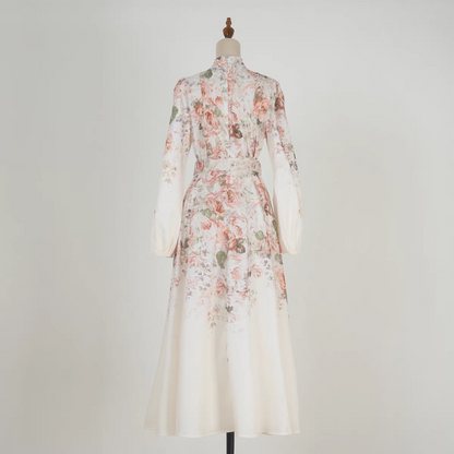 Pink Flower Stand Collar Lantern Sleeve Dress