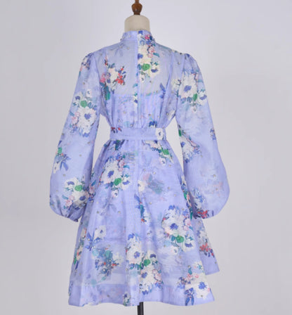 Flower Print Trend Bead Heavy Buttons Short Dress