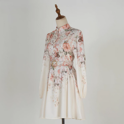 Pink Flower Stand Collar Lantern Sleeve Dress