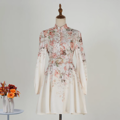 Pink Flower Stand Collar Lantern Sleeve Dress