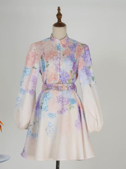 Stand Up Collar Lantern Sleeve Floral Print Dress