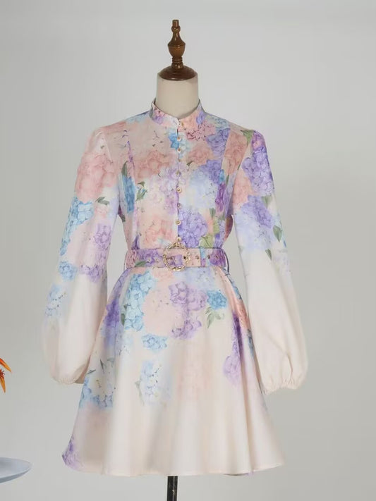 Stand Up Collar Lantern Sleeve Floral Print Dress