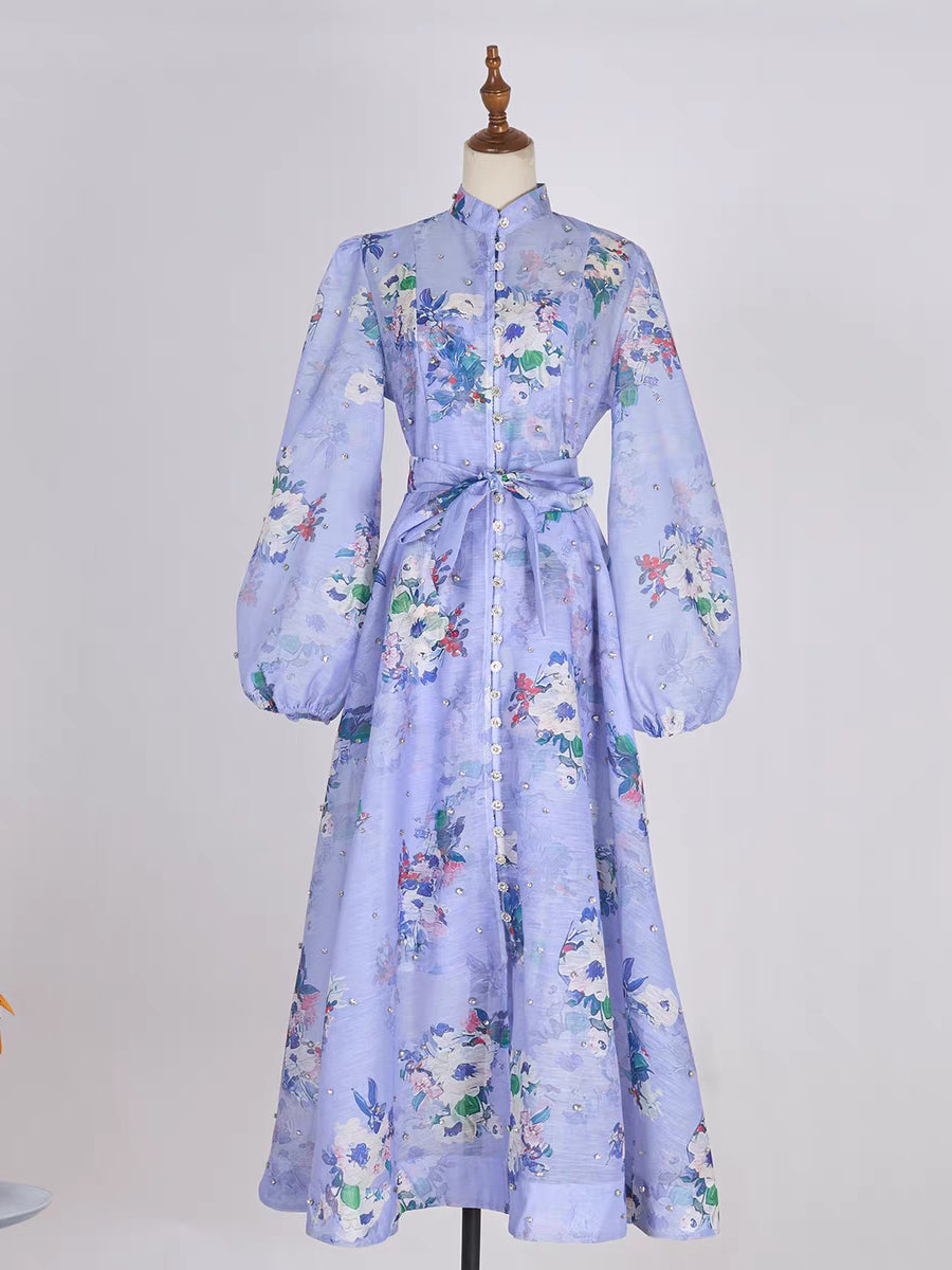 Starry Nail Diamond Single Breasted Printed Dress