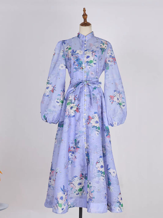 Starry Nail Diamond Single Breasted Printed Dress