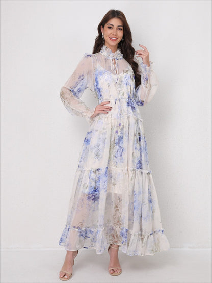 Tie-Waist Long Sleeve Flowy Maxi Dress