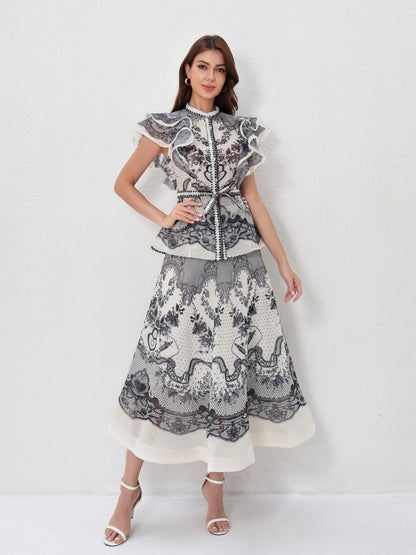 Ruffled Printed Shirt High Waist Skirt Set