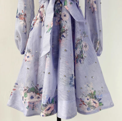 Lantern Sleeve Retro Flower Print Short Dress