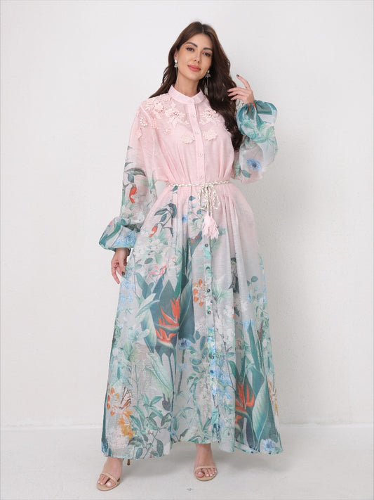 Flared Tie-Waist Print Maxi Dress