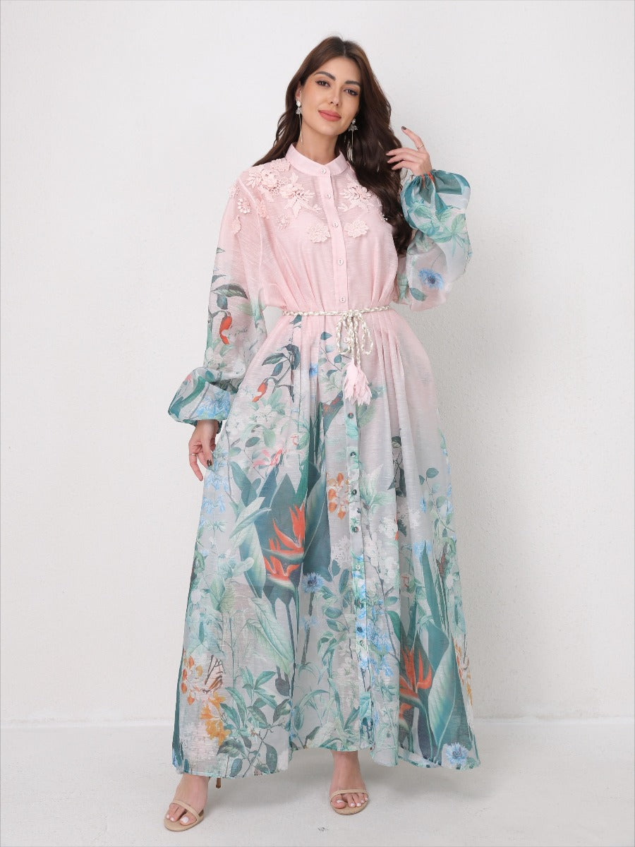 Flared Tie-Waist Print Maxi Dress