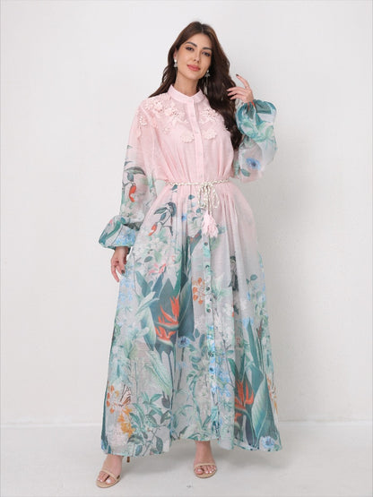 Flared Tie-Waist Print Maxi Dress