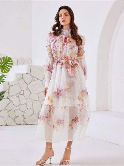 Long Sleeve Lace Up Chiffon Print Dress