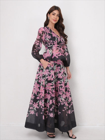 V-Neck Beaded Ruffle Top Midi Skirt Set