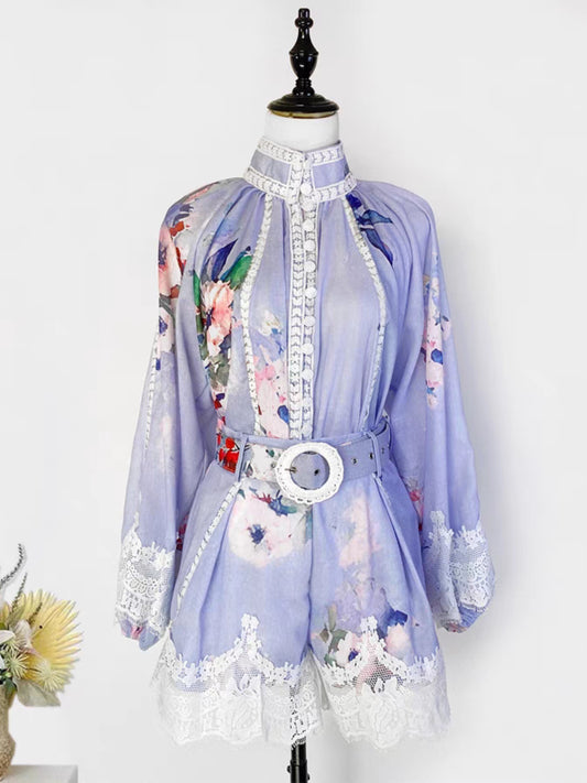 Lace Print Single-Breasted Shirt + Shorts Set
