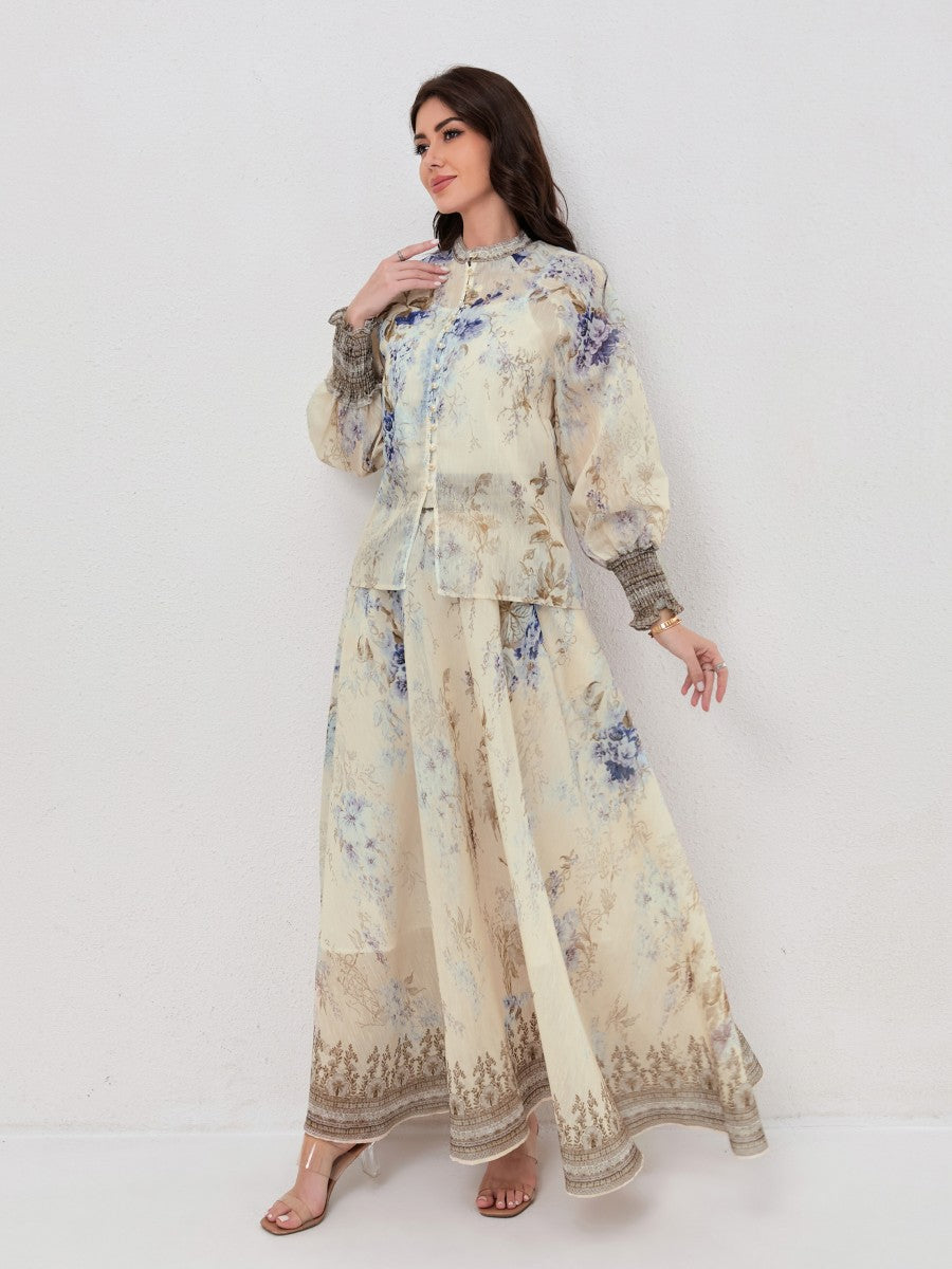 Floral Print Long Sleeve Shirt Matching Maxi Skirt Set