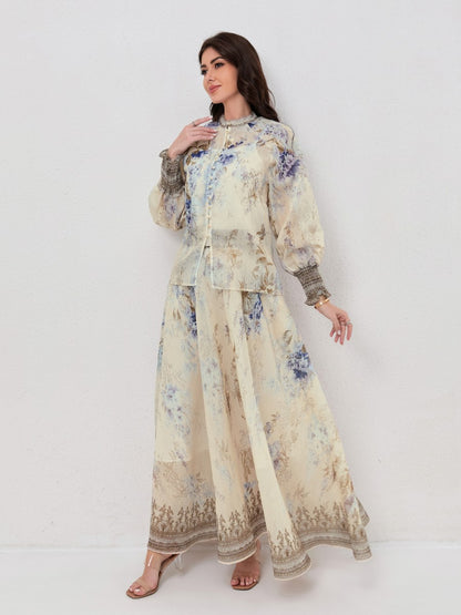 Floral Print Long Sleeve Shirt Matching Maxi Skirt Set