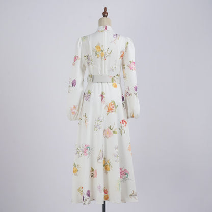 Long Sleeved Printed Cotton Linen Dress