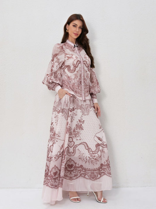 Set Stand Collar Button Top High Waist Vintage Floral Skirt