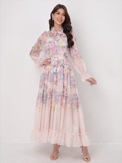 Tie-Waist Long Sleeve Flowy Maxi Dress